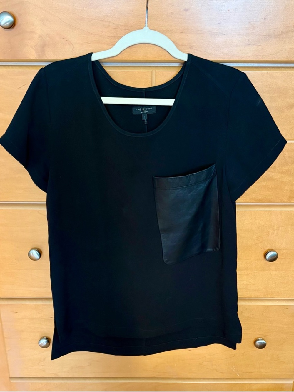 rag & bone Black Tee with Leather Pocket